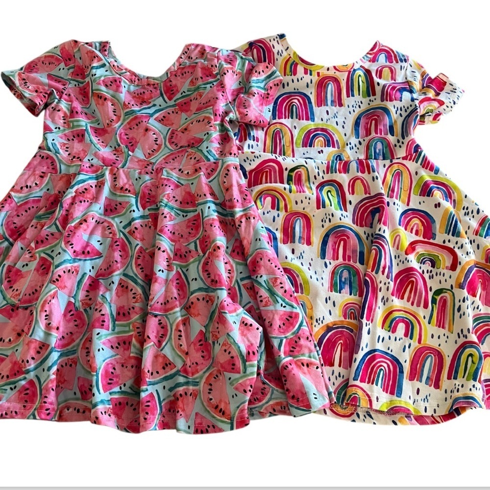 Rainbow watermelon dress girls set pink teal white size medium summer soft
